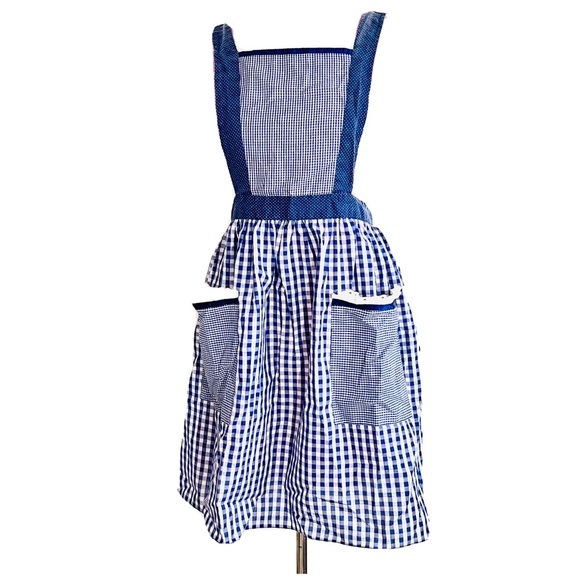 Vintage Dresses & Skirts - Vintage 60s Blue Plaid House Wife Belted Apron Dress